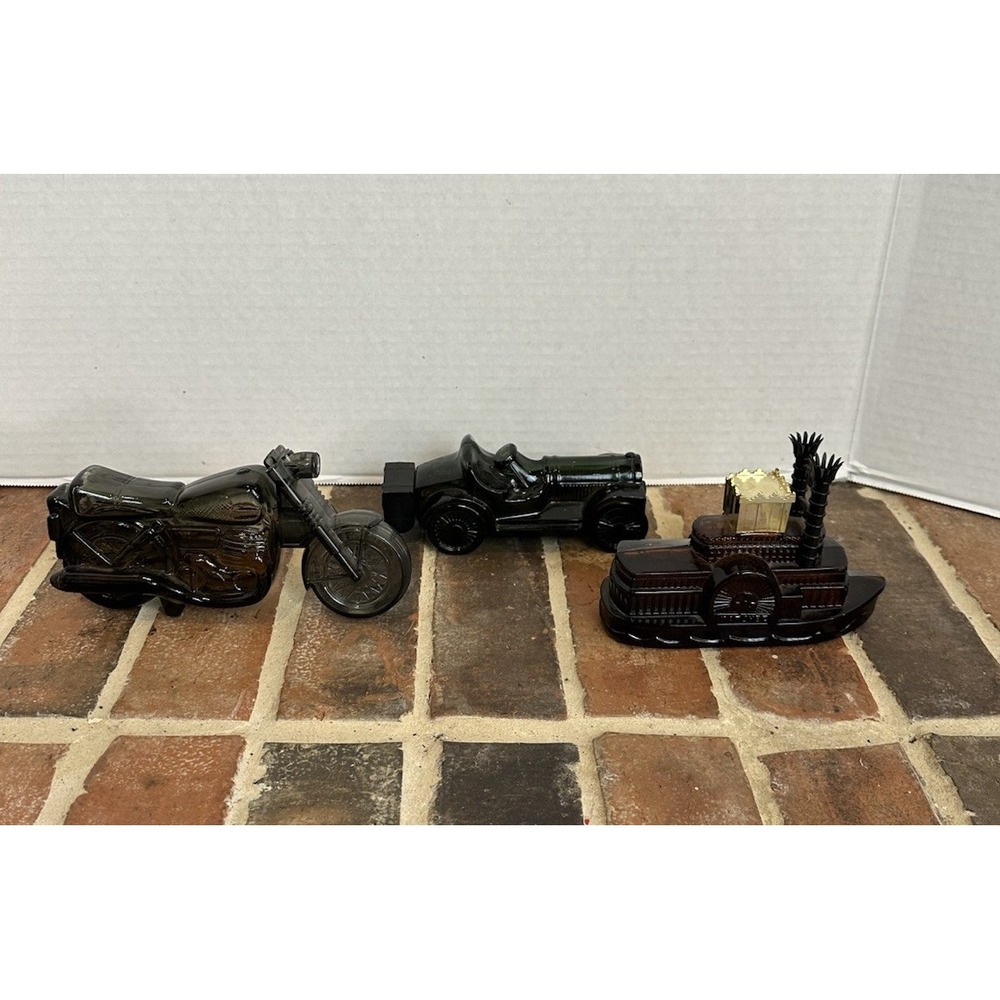 Lot‎ Of 3 Vtg Avon Aftershave Bottles 70s Brown Glass Steam Boat Motorcycle Car